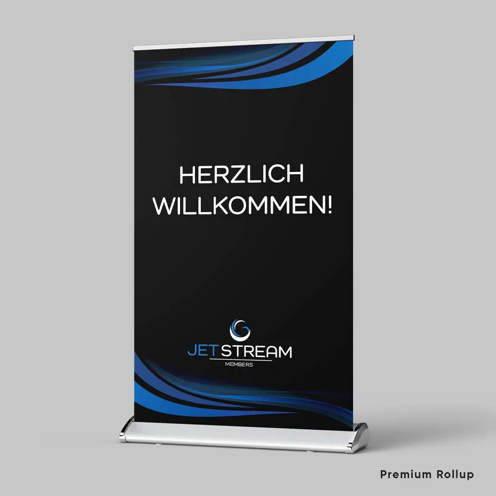 Roll-up banner with promotional design and aluminum base